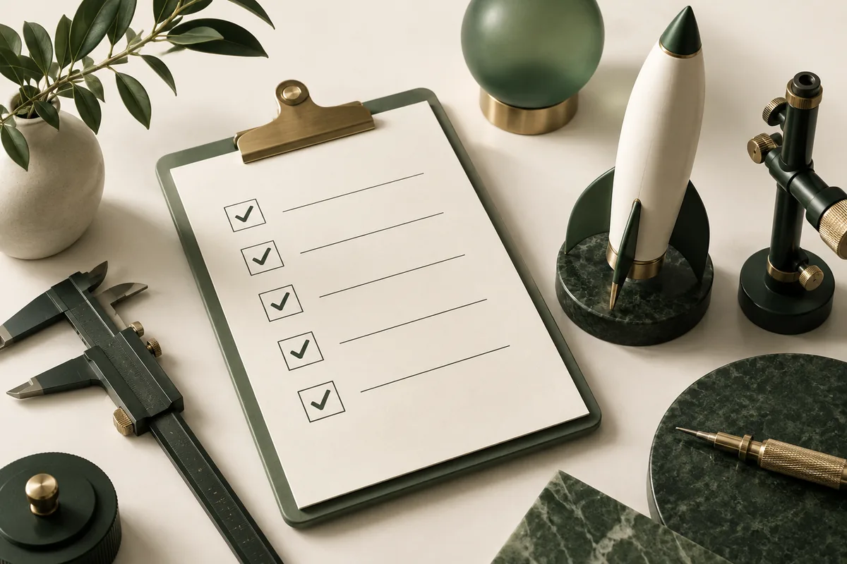 Minh họa 3D màu xanh sage về checklist seo kỹ thuật trước khi ra mắt website