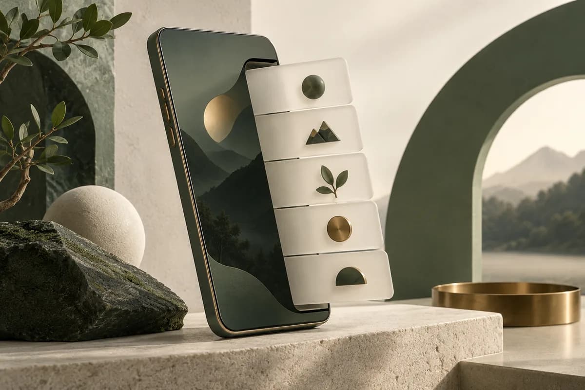 Minh họa 3D màu xanh sage về thiết kế menu mobile dễ dùng: từ mở đến tìm trang