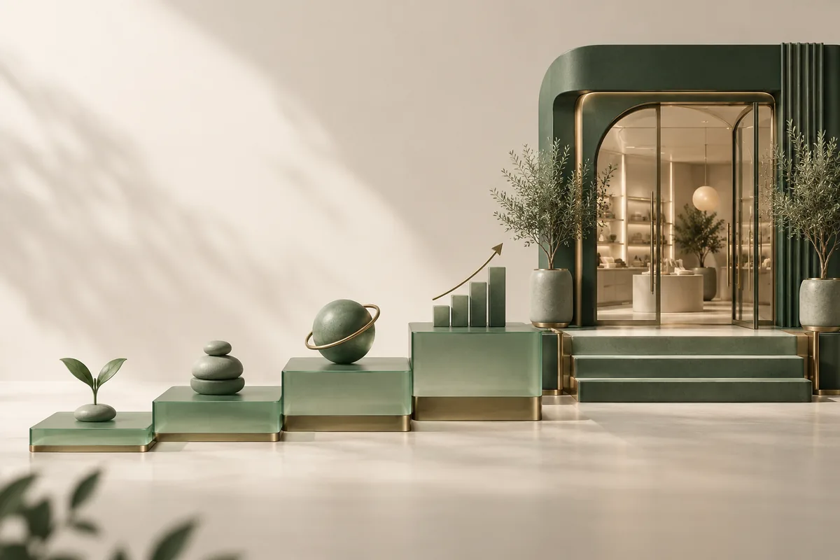 Minh họa 3D màu xanh sage về quy trình thiết kế website bán hàng từ ý tưởng đến vận hành