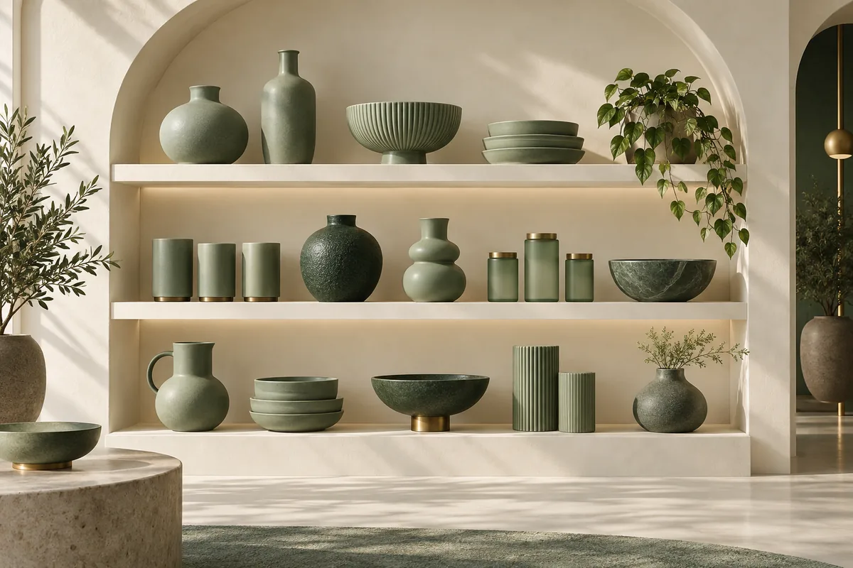 Minh họa 3D màu xanh sage về seo trang danh mục: giúp khách tìm đúng sản phẩm